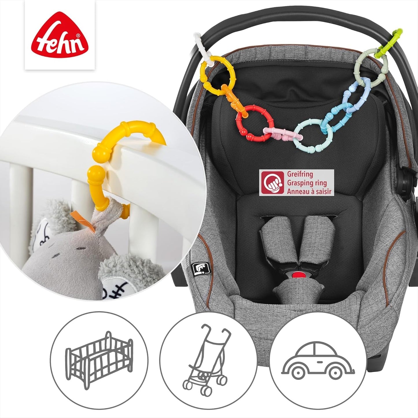 Fehn 10 set de anillas de fijación - ganchos de fijación para silla de coche, parque y cuna de bebé - anillas de fijación de cadena para cochecito para casa y de viaje - anillas en C para bebés y niños pequeños a partir de 0 meses Juguetes Bebe Naty Shop