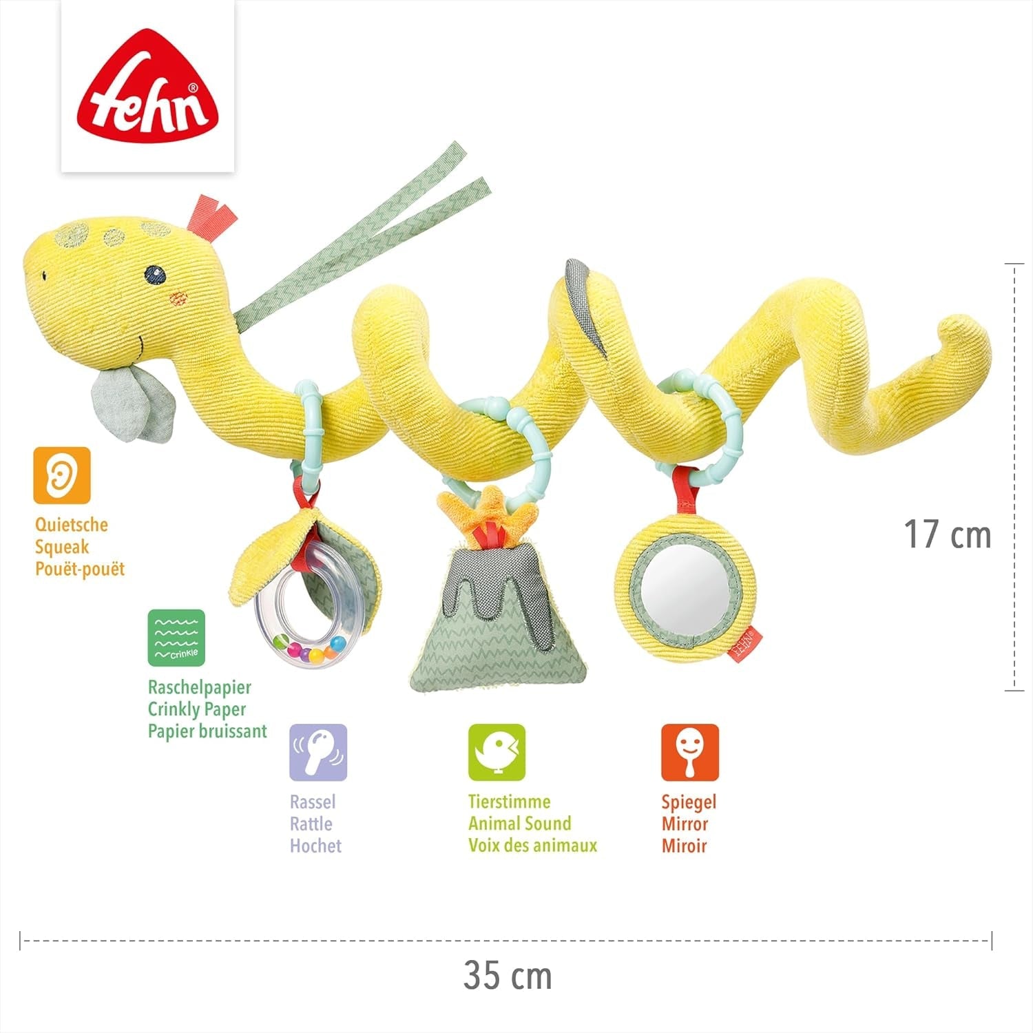 Fehn Activity Spiral Dino - juguete para cochecito de empujar y tirar - juguete dinosaurio bebé para cama, parque infantil, cochecito y silla de coche - juguete de actividad motora para bebés y niños pequeños a partir de 0 meses Baby Toys Naty Shop
