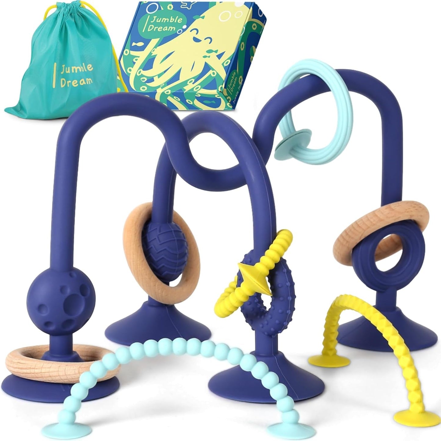 JUMBLE JANGLE Anillo de dentición para bebé: juguete para la dentición del bebé de 3 a 24 meses | Juego de 7 juguetes para masticar sin BPA | Anillo de dentición de silicona refrescante | Juguete infantil con ventosa para trona, mesa y bañera