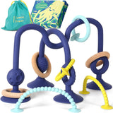 JUMBLE JANGLE Anillo de dentición para bebé: juguete para la dentición del bebé de 3 a 24 meses | Juego de 7 juguetes para masticar sin BPA | Anillo de dentición de silicona refrescante | Juguete infantil con ventosa para trona, mesa y bañera