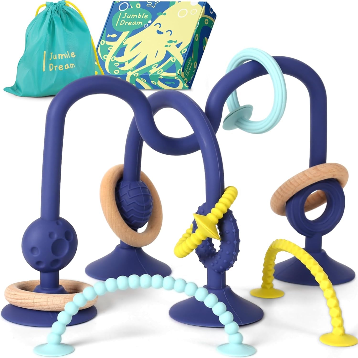 JUMBLE JANGLE Anillo de dentición para bebé: juguete para la dentición del bebé de 3 a 24 meses | Juego de 7 juguetes para masticar sin BPA | Anillo de dentición de silicona refrescante | Juguete infantil con ventosa para trona, mesa y bañera