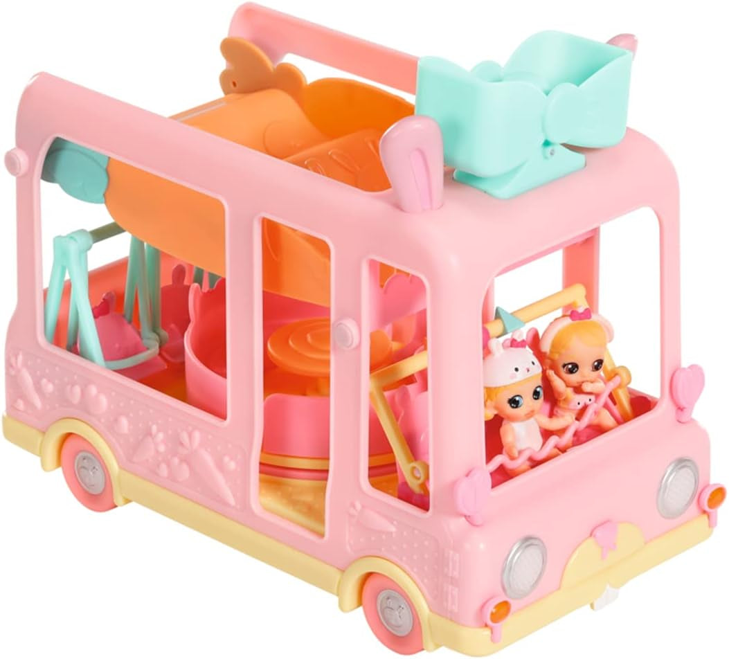 BABY born 904763 Baby Surprise Bus: minibús de juguete rosa con 2 muñecas exclusivas, cochecito triple, columpio, carrusel, tobogán y columpio triple.