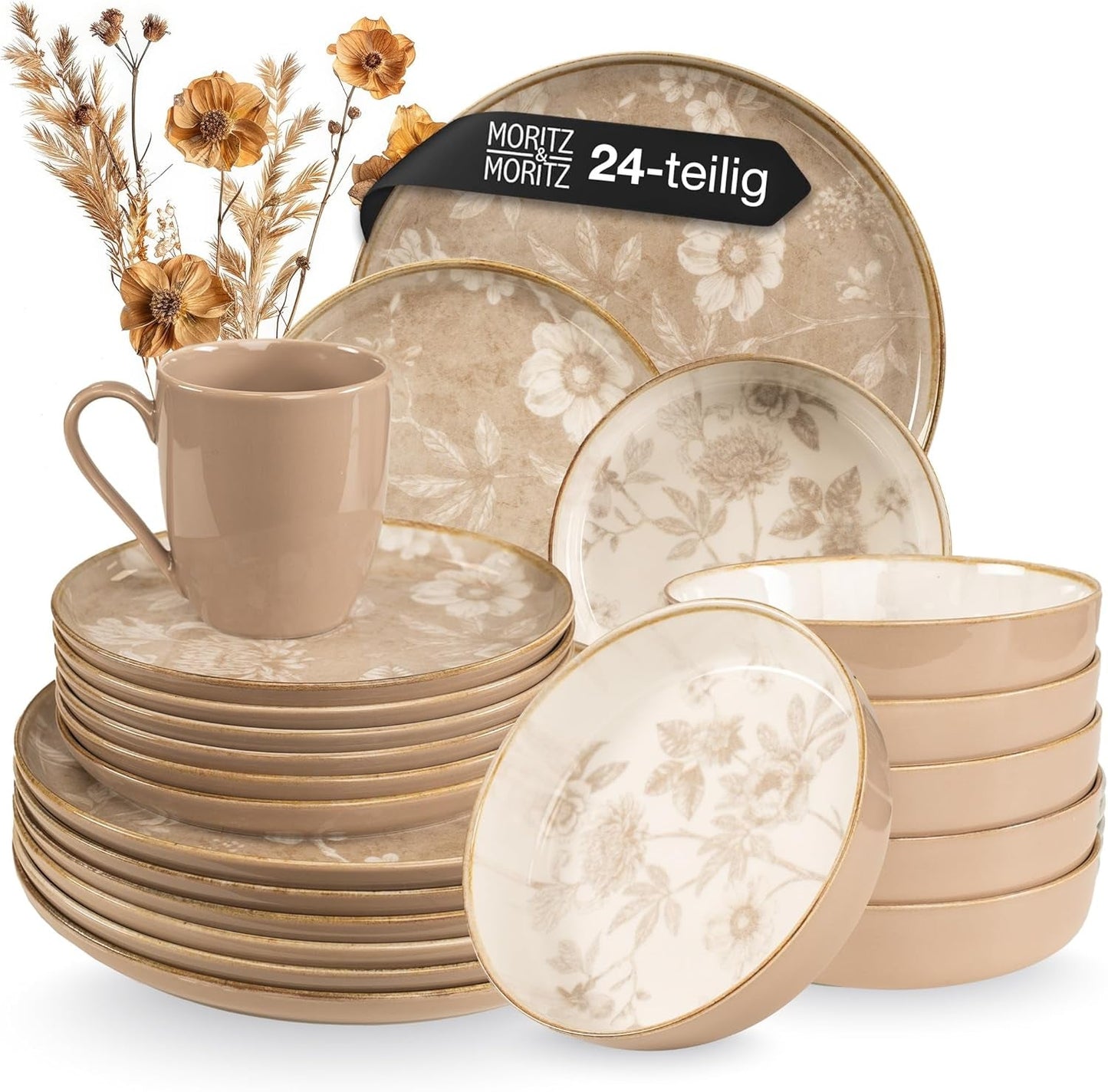 Moritz & Moritz MARIELLA Vajilla de gres de 24 piezas para 6 personas - Vajilla beige moderna con un diseño divertido, servicio de café de fácil cuidado con platos, cuencos y tazas - Juego combinado