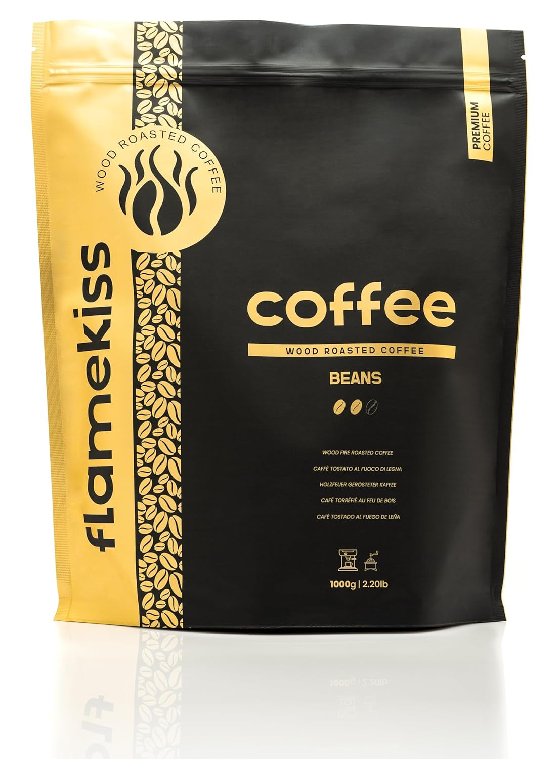 Café en grano 1 kg: granos de espresso Arábica y Robusta de alta calidad, tostados a mano sobre fuego de leña para una experiencia rica y aromática de café en grano entero.