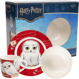 Harry Potter vajilla 3 piezas roja, vajilla de porcelana con plato Ø 19 cm, taza 220 ml y bol 330 ml, vajilla