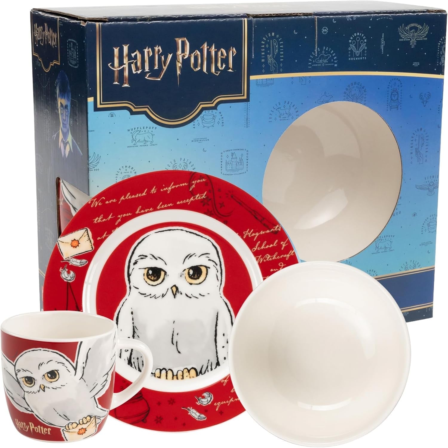 Harry Potter vajilla 3 piezas roja, vajilla de porcelana con plato Ø 19 cm, taza 220 ml y bol 330 ml, vajilla