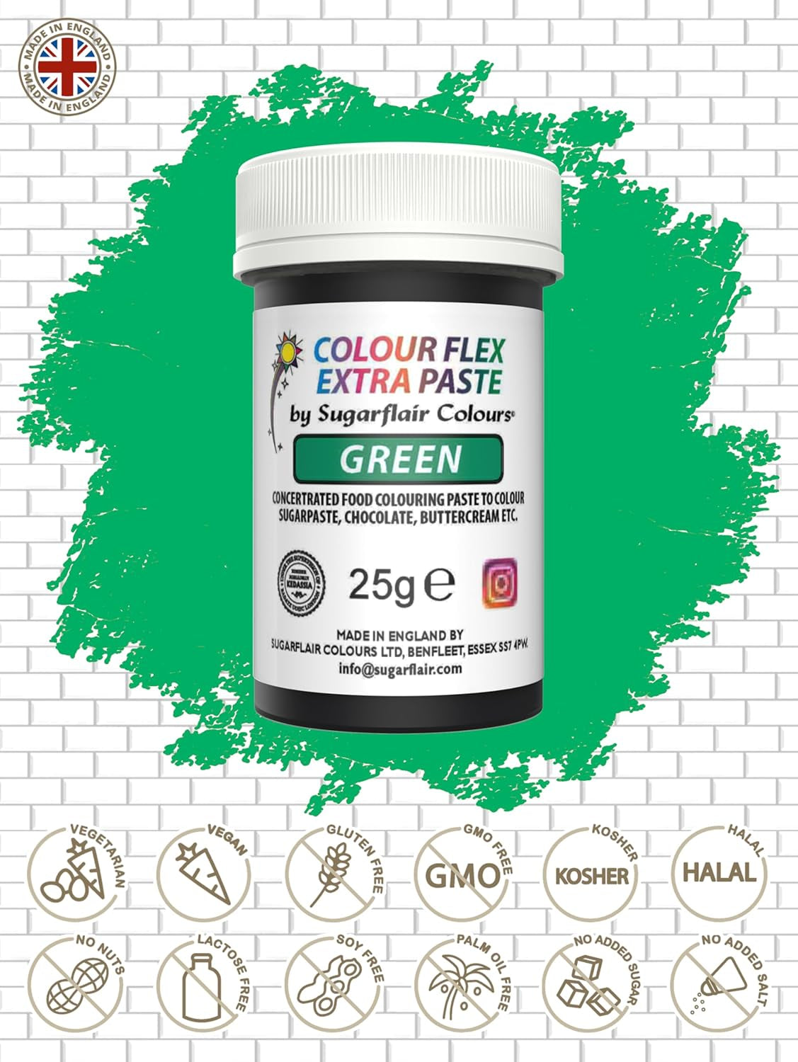 Colorante alimentario Sugarflair Colourflex Extra Paste Verde - Colorante alimentario comestible para crema de mantequilla, chocolate, pasta de azúcar, glaseado, fondant, mezclas para pasteles, masa y más - 25 g