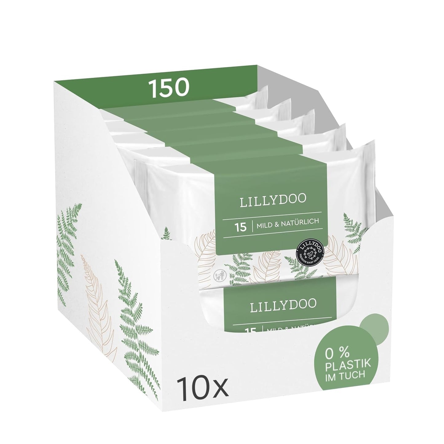 LILLYDOO Toallitas húmedas verdes, 600 unidades (10 x 60), toallitas 100 % libres de plástico, resistentes a desgarros, sin fragancia, suave y natural, limpieza suave para pieles sensibles, dermatológicamente probadas