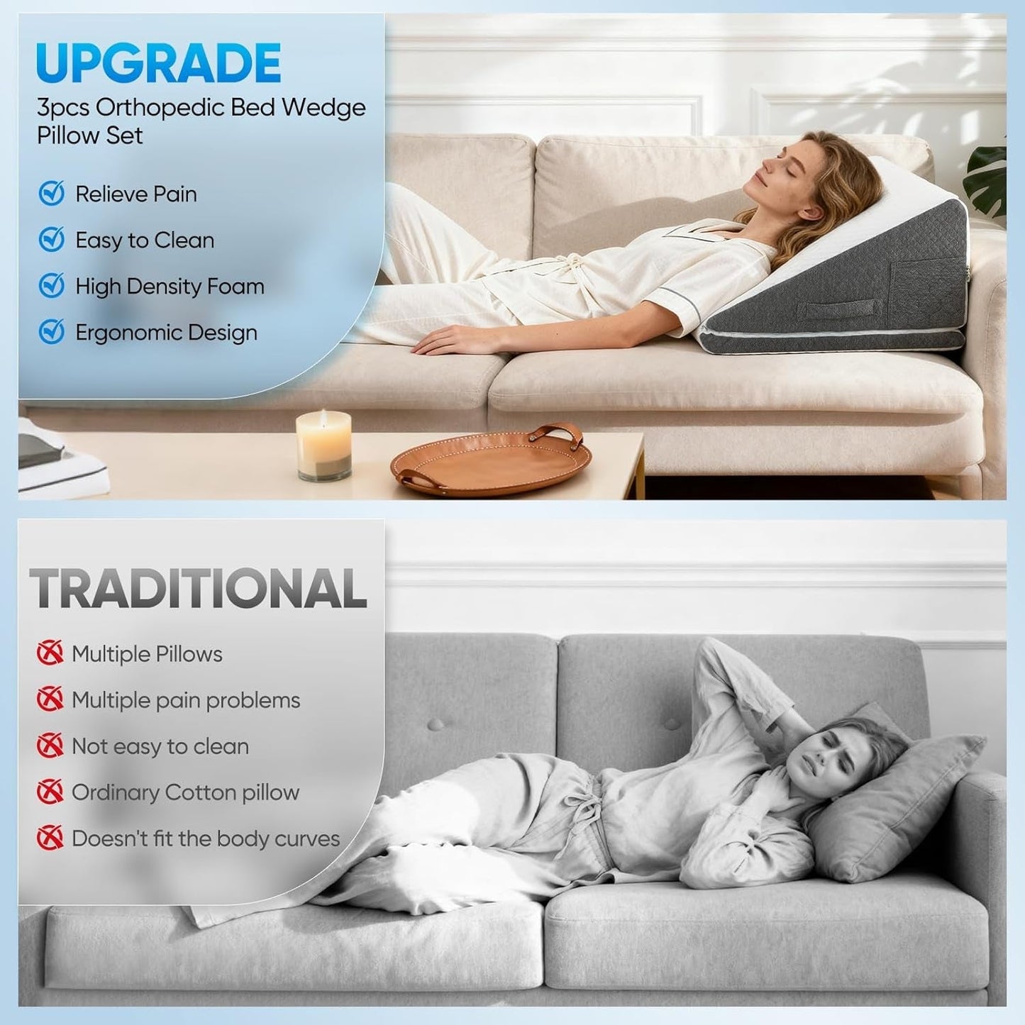 Almohada de plumas para cama y sofá, L50xW50xH26 Almohada de lectura doble con funda lavable, viscoelástica, para roncar y para mayor comodidad en la zona del cuello y la espalda