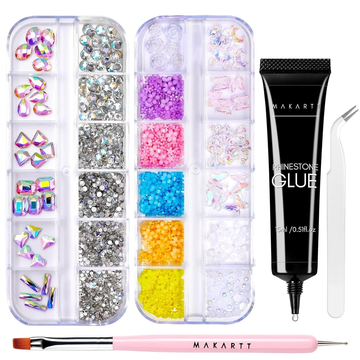 Makartt Gel Adhesivo de Diamantes de Imitación - Juego de Pegamento de Uñas UV de 15 ml con Dijes de Uñas Rosas, Joyería de Uñas con Círculo de Corazón y Accesorios de Diseño de Uñas para Manicura en el Hogar, Regalo del Día de San Valentín