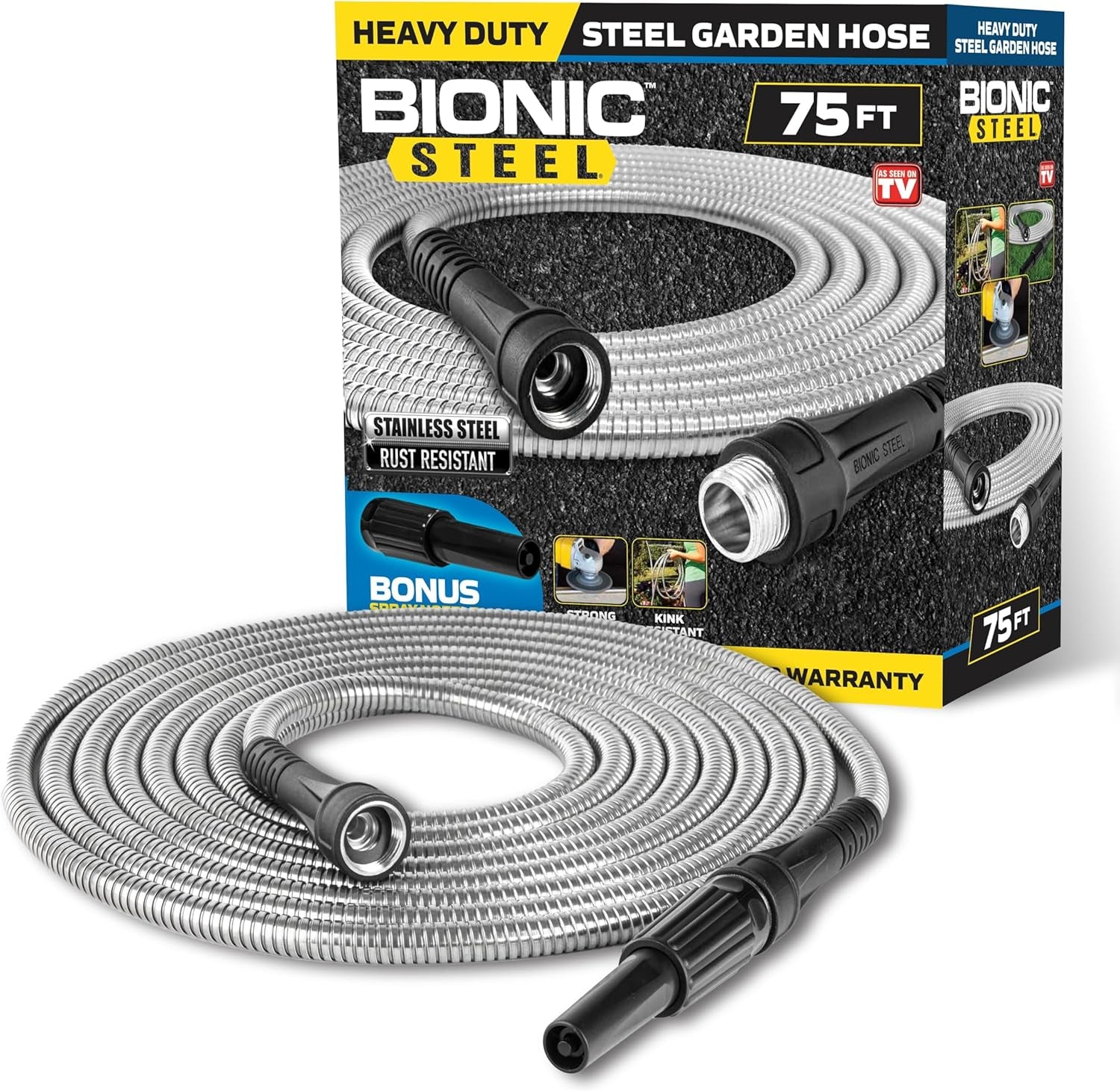 Manguera de jardín de 30 m, manguera de agua de metal de acero inoxidable 304, manguera flexible de 30 m, antitipo, ultraligera y duradera, resistente al desgarro, fácil de enrollar, 500 PSI