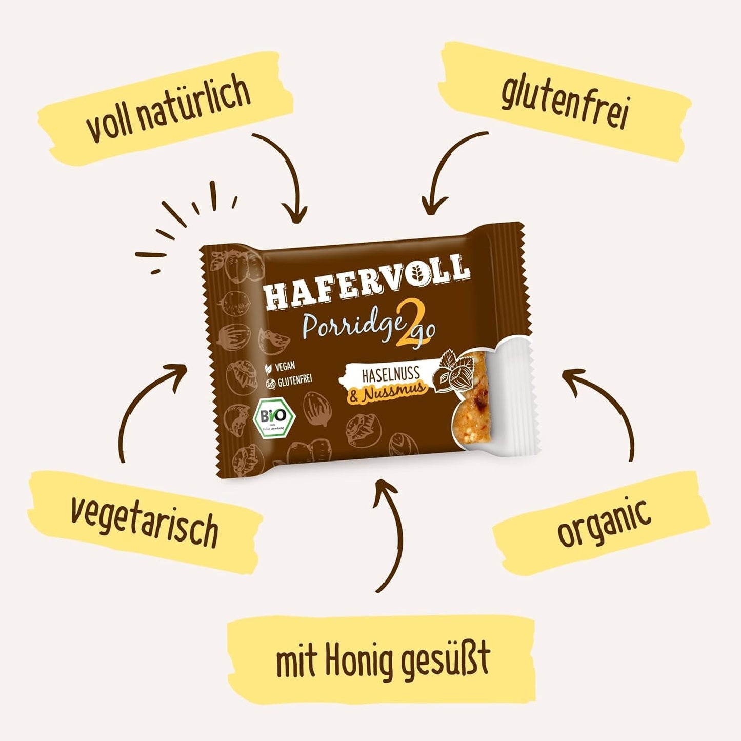 Hafervoll Porridge2go Mantequilla de maní y nueces, 13 barras x 55 g - Snack vegano, orgánico, sin gluten, sin azúcares añadidos, con avena, dátiles y caramelo de quinua