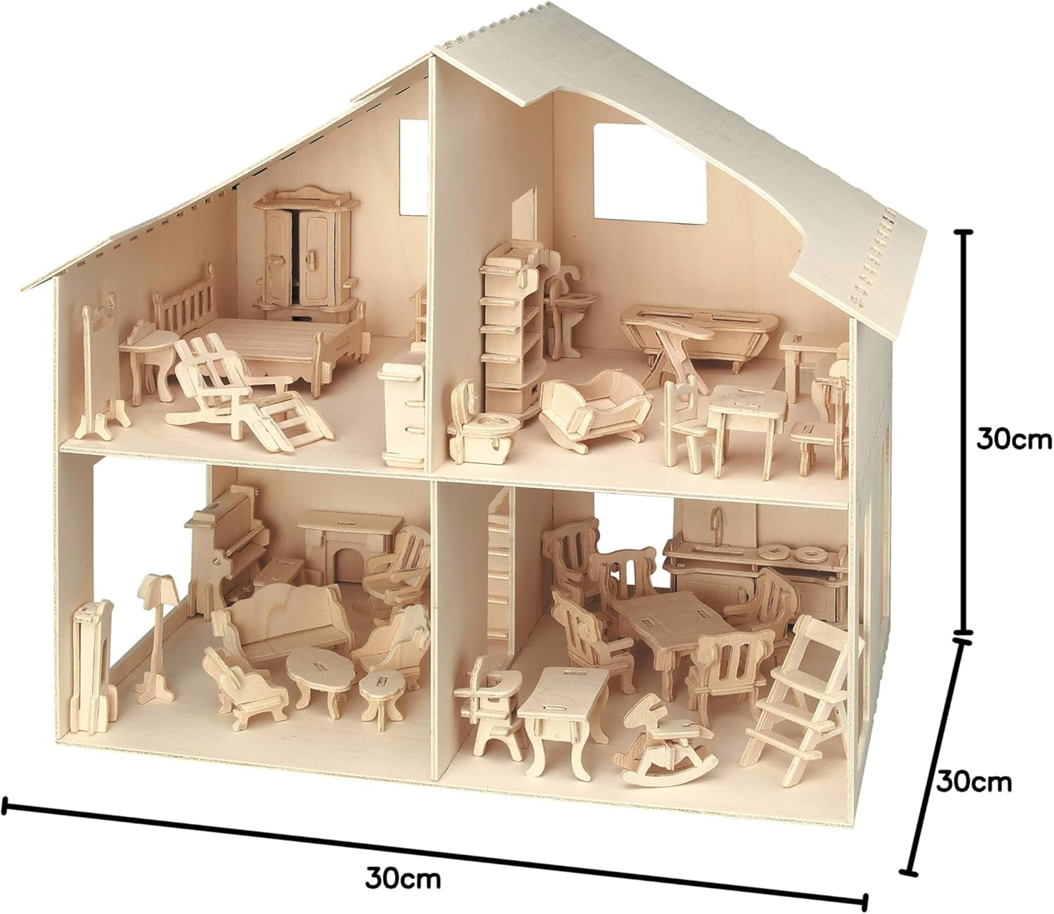 Pebaro Donau Elektronik _M880 Puzzle 3D Casa de Muñecas con Muebles, 30 x 30 x 30 cm, Natural