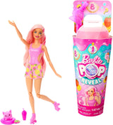Barbie Pop Reveal Fruit: muñecas sorpresa con 8 sorpresas frutales, incluida una muñeca posicionable con aroma a limonada de fresa y un cachorro mullido, mayores de 3 años, HNW41