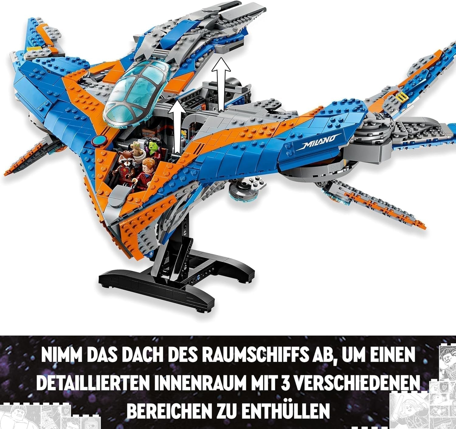LEGO Marvel Guardianes de la Galaxia: Modelo de Nave Espacial de Construcción Milano con 4 Minifiguras de Superhéroes Volador de Los Vengadores para Aventuras Espaciales Regalo para niños y niñas 76286 Juegos de construcción Beuche den LEGO-Store