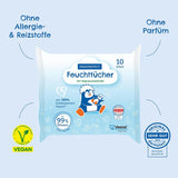 PAEDIPROTECT Toallitas húmedas para bebés 1 x 10 piezas Toallitas húmedas sensibles al agua para bebés 99% de agua Sin fragancia Bebés y niños Piel delicada Extracto de coco Sin microplásticos Vegano (paquete de 5)