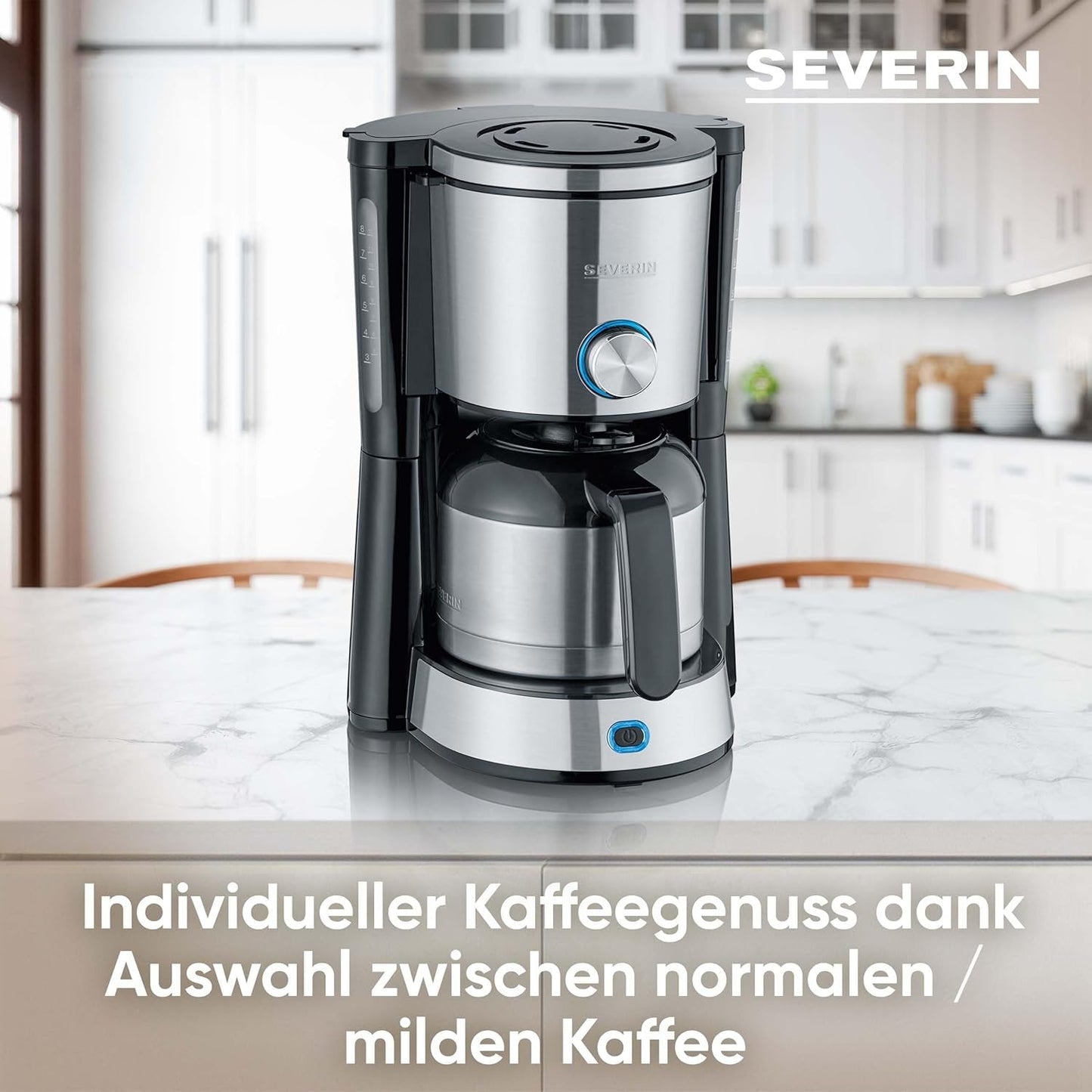 SEVERIN Cafetera espresso "TypeSwitch" con jarra térmica, AromaSwitch para elegir entre 2 perfiles de preparación, cafetera para hasta 10 tazas, 1000W, acero inoxidable cepillado-negro, KA 4845