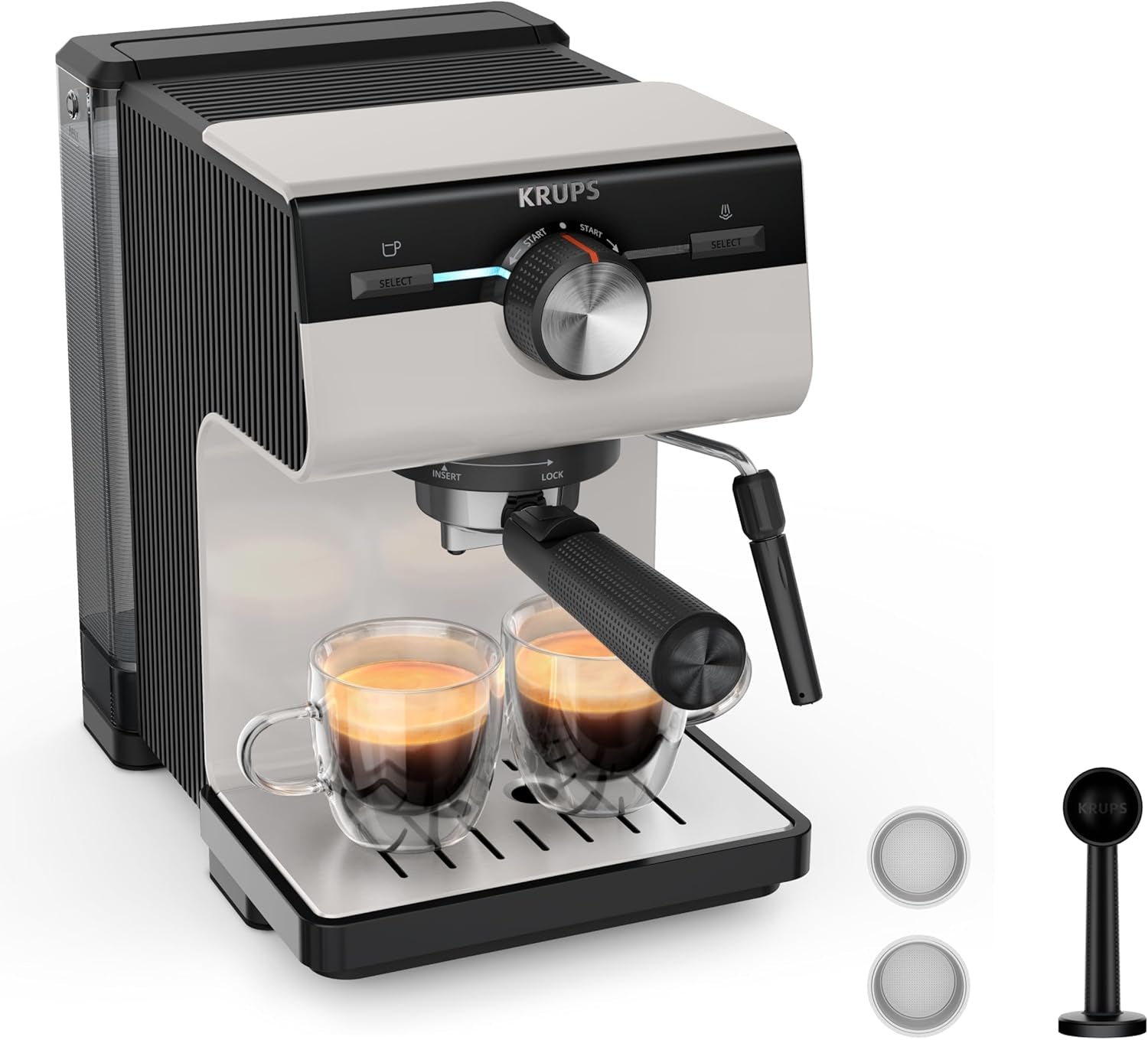 Cafetera espresso KRUPS Authentic+, 15 bar, funcionamiento intuitivo, diseño sofisticado, boquilla de vapor, accesorios ampliados incluidos, Bullet Dark silver/Acero inoxidable, XP384G10