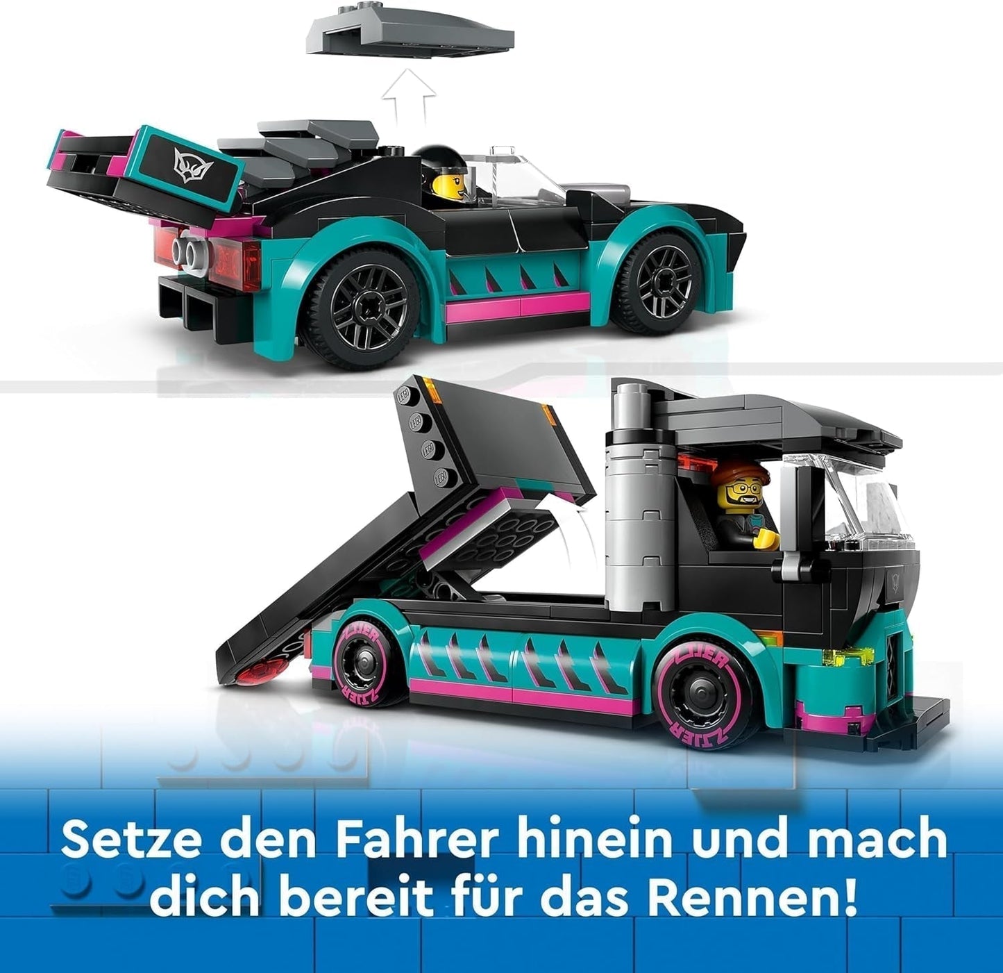 LEGO City Car Transporter con coche de carreras, camión de juguete con rampa de carga ajustable y coche de carreras, juego de construcción con 2 minifiguras, piloto de carreras y conductor de camión, para niños a partir de 6 años 60406 Juegos de construcción Besuche den LEGO-Store