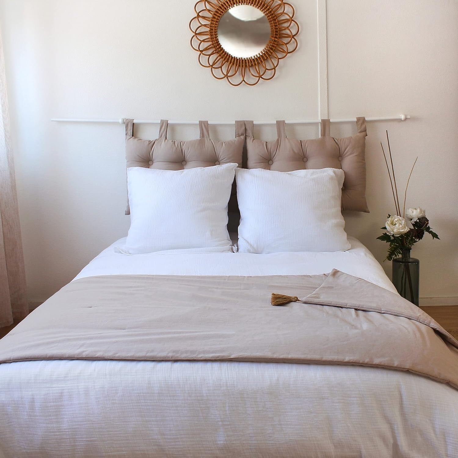 Manta Enjoy Home Beige Natural Con 4 Pompones De Yute 90 X 190 Cm 100% Algodón Certificado Oeko-Tex Colección Panamá Naty Shop Mantas y Edredones