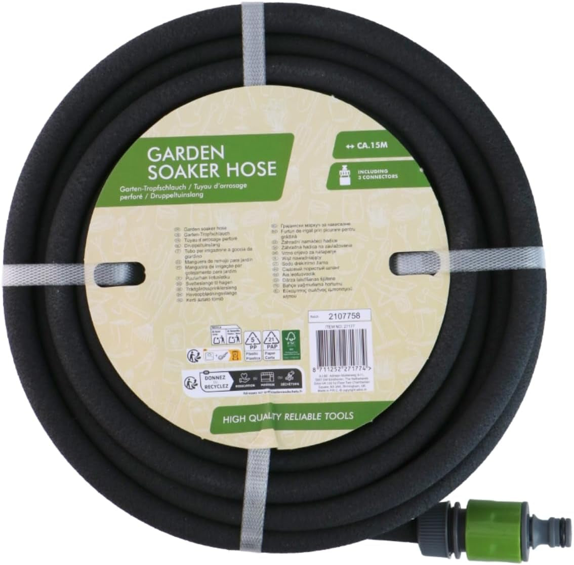 Kinzo Manguera de Goteo 15M Ø14mm - Manguera de Jardín con 3 Acopladores - Manguera de Jardín Ahorro de Agua para Sistemas de Pulverización - Manguera Negra