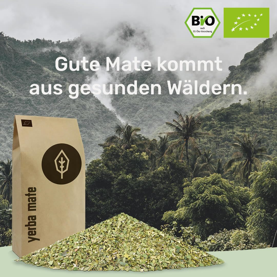 Té Yerba Mate BIO 1 kg ● Original ● Maduro ● Sin tostar ● Secado al aire ● Sin humo ● Sin plástico ● Comercio justo ● Mate de hojas de yerba, trozos de yerba y polvo de hojas de yerba ● DE-ÖKO-006