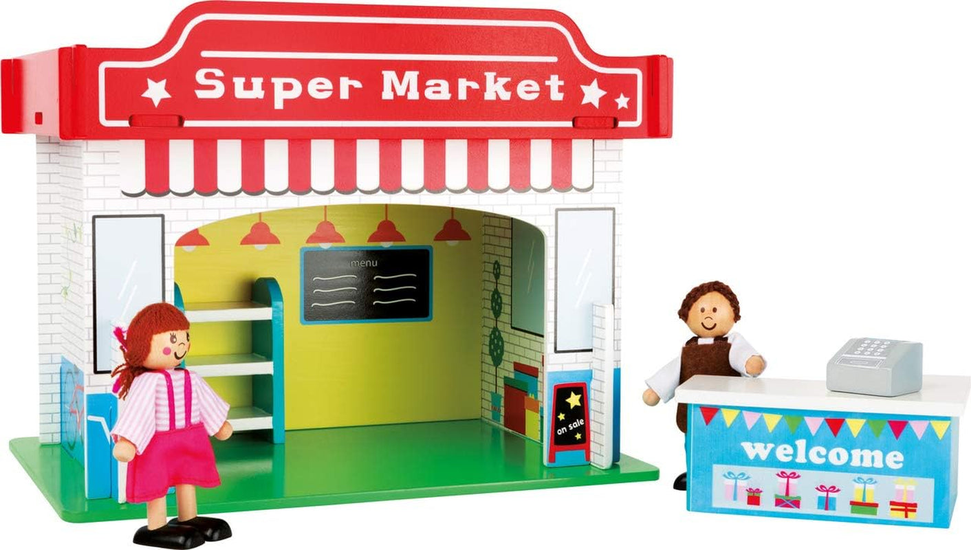 Small Foot 10852 Casa de Juegos Restaurante Fabricada en madera, Con 2 figuras de muñecos, accesorios y techo desmontable, A partir de 3 años Casas de Muñecas Naty Shop Supermercado