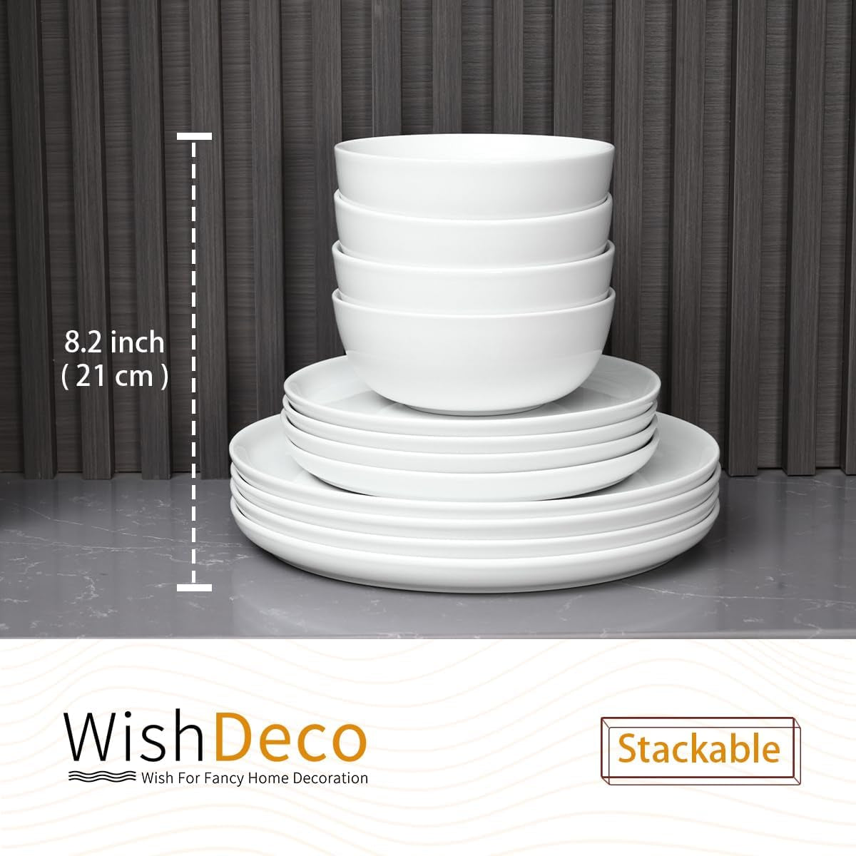 Juego de vajilla de 12 piezas, vajilla de porcelana para 4, vajilla blanca con platos, platos de postre y tazones de cereales