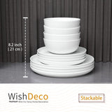 Juego de vajilla de 12 piezas, vajilla de porcelana para 4, vajilla blanca con platos, platos de postre y tazones de cereales