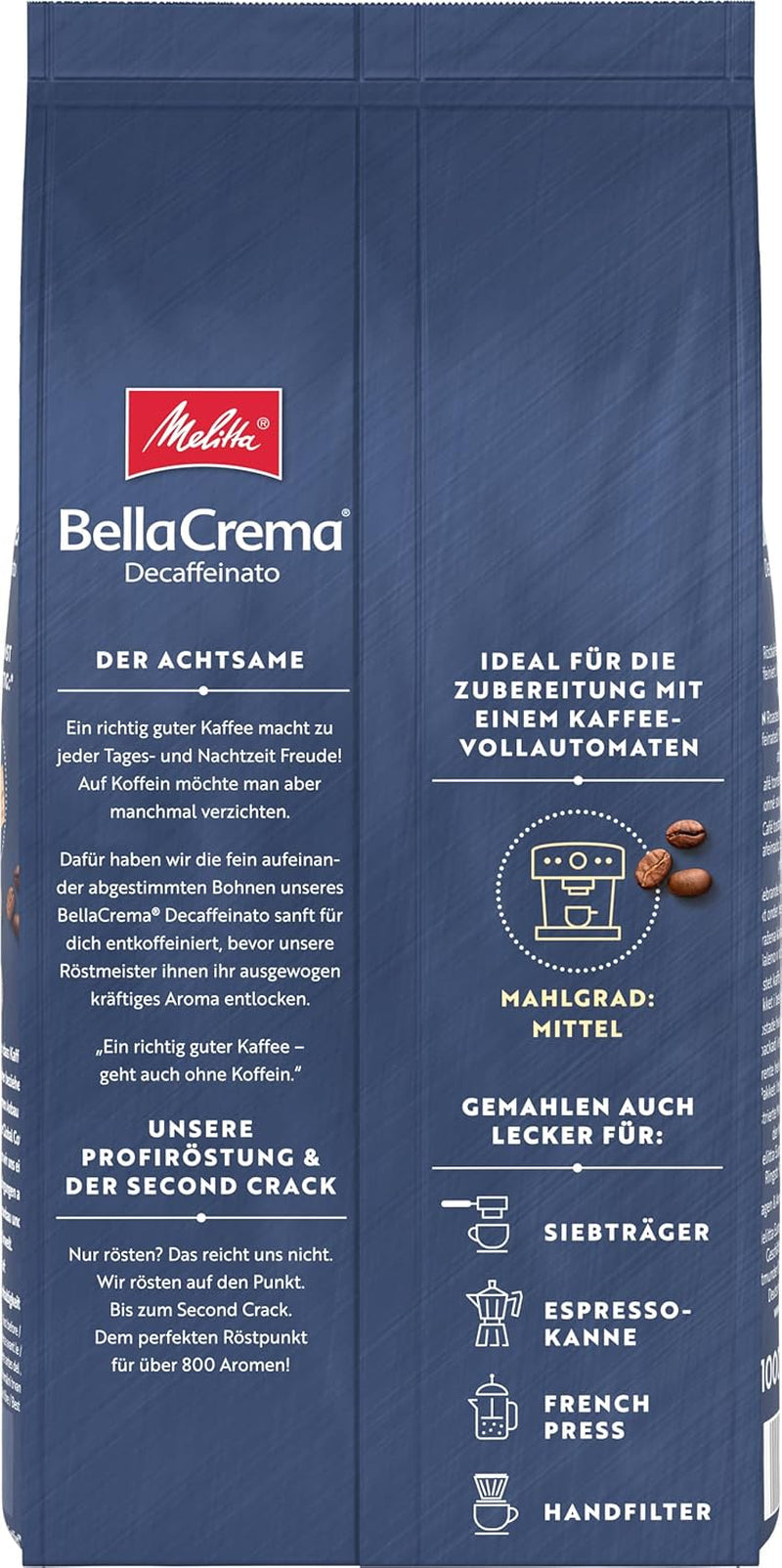 Melitta BellaCrema café en grano La Crema 1kg y café descafeinado BellaCrema Decaffeinato en grano 1kg