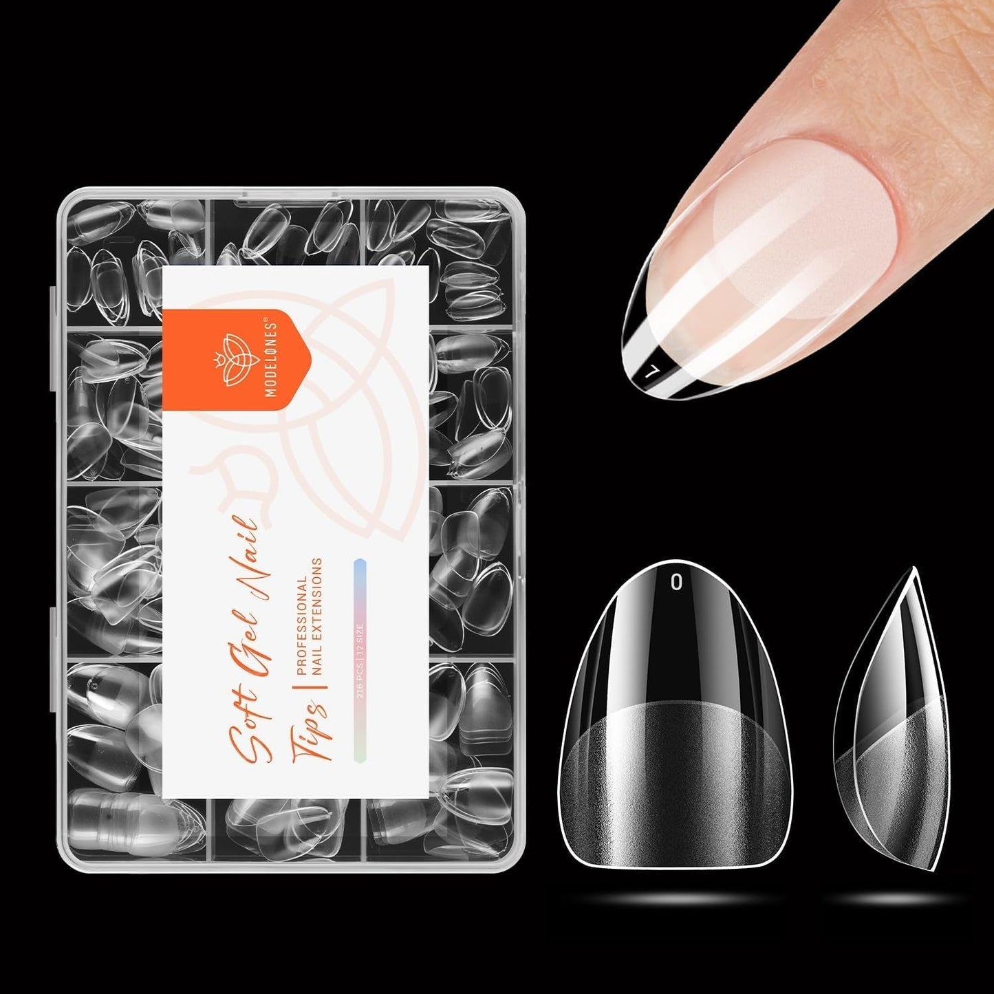 Modelones Puntas de Uñas 216 Piezas - Juego de Puntas de Uñas de Cobertura Completa, Juego de Puntas de Gel Suave, Puntas de Uñas de Resina PMMA Prepulido, Pegamento DIY en Uñas Artificiales, Almendras Cortas XS