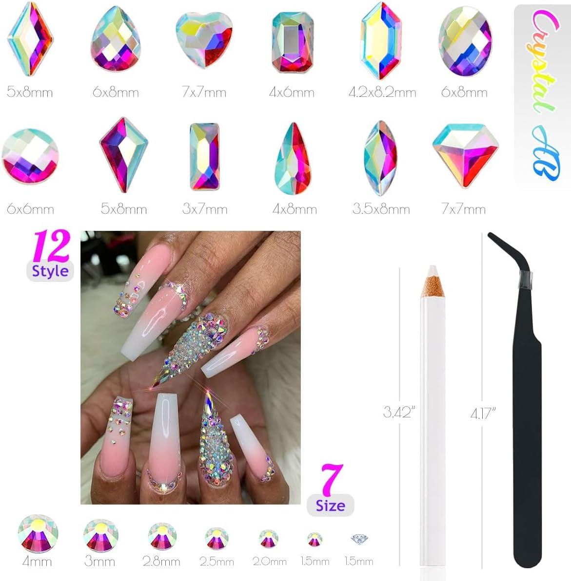 2630 piedras brillantes de cristal AB para uñas, 120 12 tipos de piedras brillantes grandes + 2510 6 tamaños de piedras redondas de cristal K9 para uñas, diamantes de imitación, diseños de uñas, dijes de uñas para arte facial