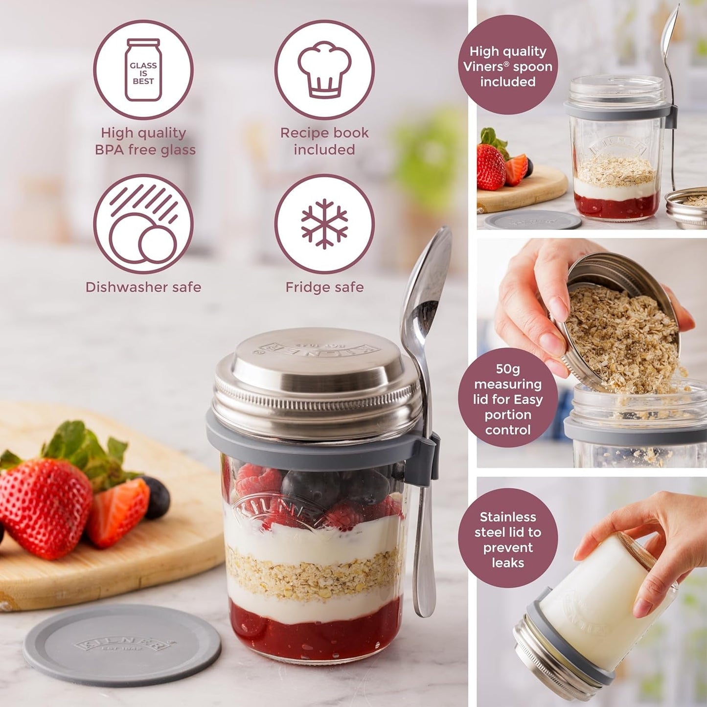 Tarro de desayuno Kilner con cuchara / 350 ml, Ø 9,5 cm / 5 piezas | vaso de muesli para llevar / no tóxico / recipiente de vidrio con tapa para muesli, gachas y yogur / recipiente para avena durante la noche Naty Shop Food Storage Boxes