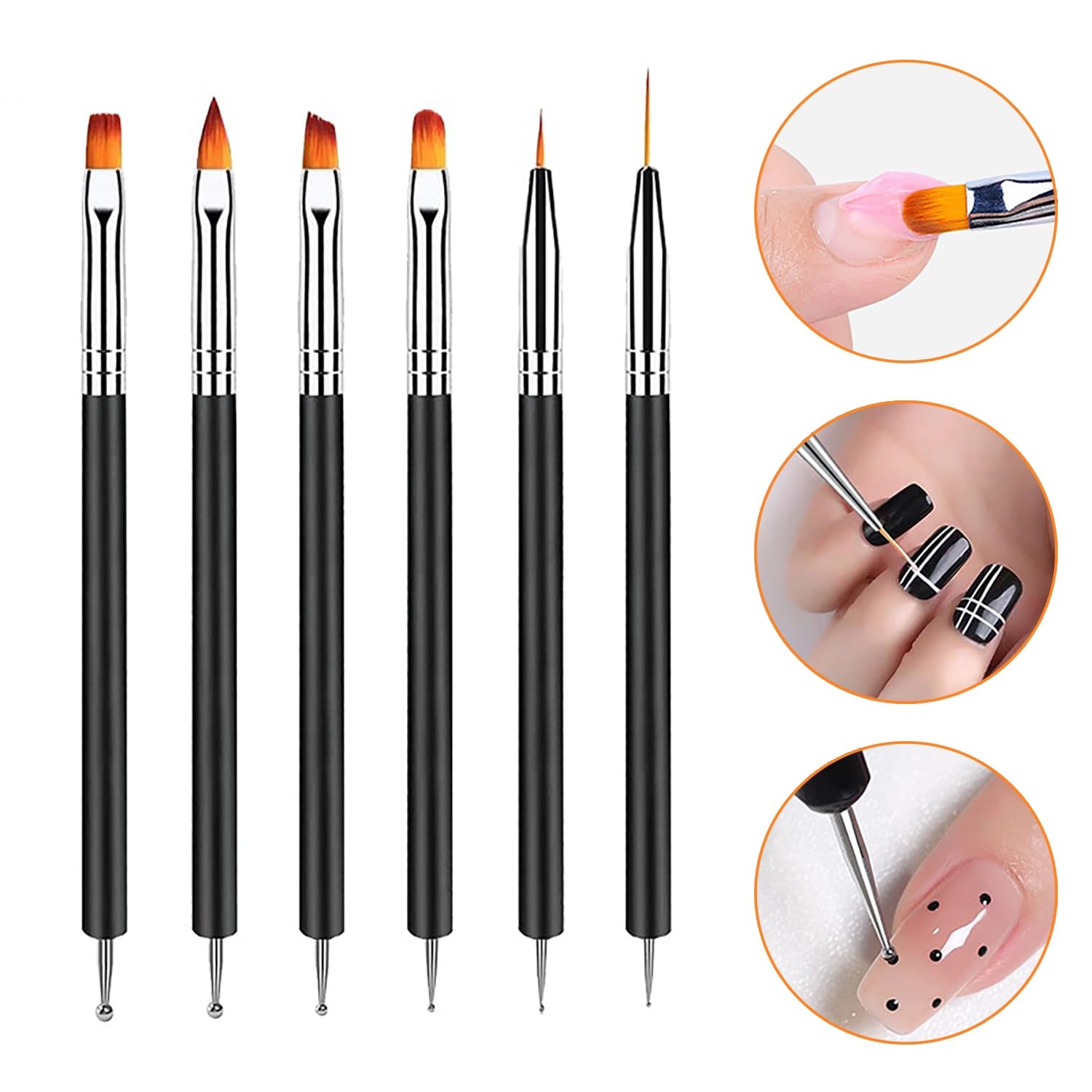 6 Stück Doppel-Ende Nagel Pinsel, Nageldesign Pinsel, Doppel-Ende Nail Art Pinsel Kit Professionelle Maniküre Werkzeuge Kit (Negro)