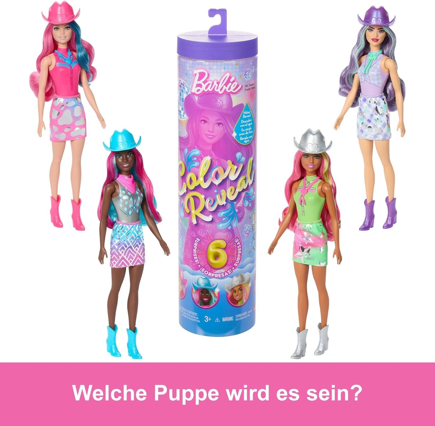 Muñeca Barbie Color Reveal y accesorios con 6 sorpresas, serie Disco Star con purpurina metálica y parte superior que cambia de color (los estilos pueden variar), JCP01, 32 cm