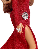 Barbie Mariah Carey - Muñeca coleccionable con vestido rojo brillante, volantes, abertura, rizos encantadores, accesorios plateados, tacones altos rojos, tradición navideña, decoración, HJX17