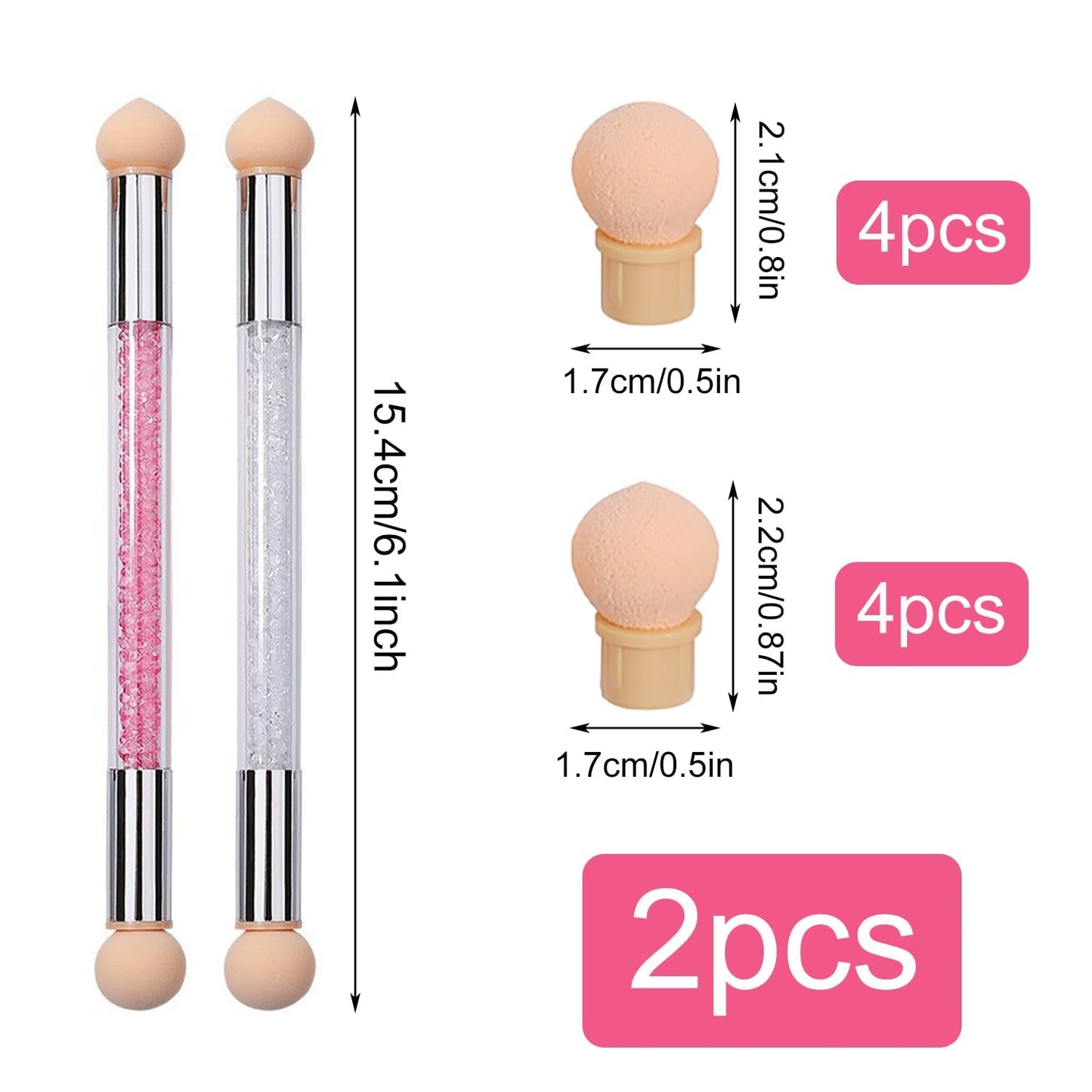 2 Stück Nail Art Rendering-Werkzeuge Doppelter Kopf, Aplicador De Pincel De Esponja Inkl 8 Ersatzköpfe, Nail Art Schwamm Und Tupfpinsel(Weiß, Rosa)