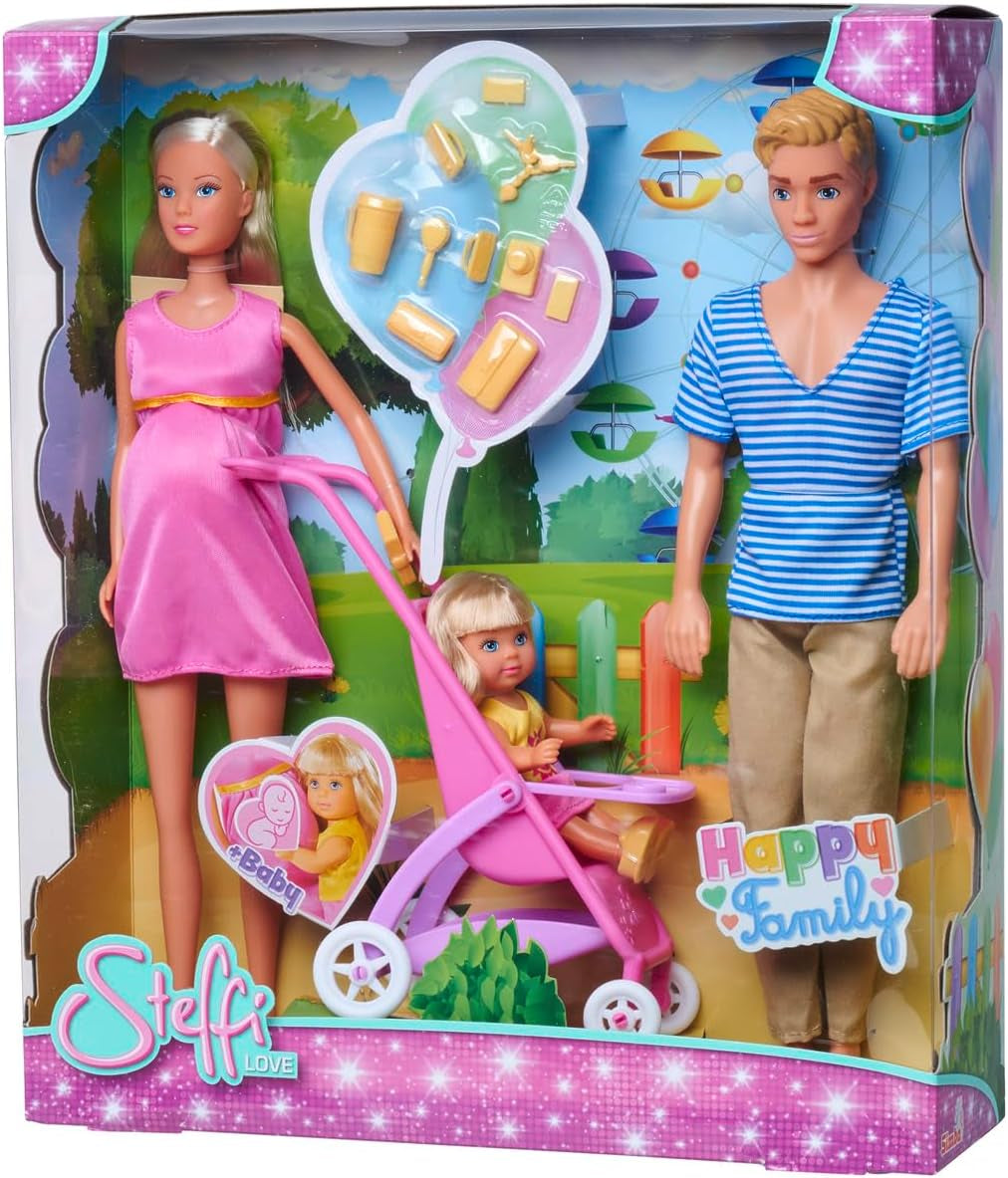 Simba 105733673 - Steffi Love Happy Family, Muñeca Embarazada, Kevin, Evi y Bebé con Cochecito, 11 Piezas, Accesorios, 30 cm, Edad 3+