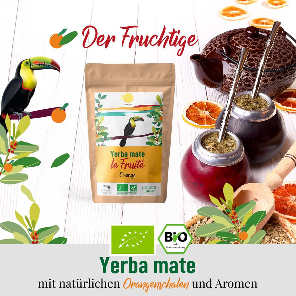 ORIGEENS BIO YERBA MATE con naranjas 200 G - Té frutal I Té de Yerba Mate orgánico sin tostar, sin tallos ni polvo I Bebida energizante y desintoxicante