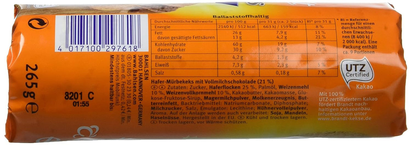 Brandt Hobbits Chocolate - Paquete de 18 - Caja de almacenamiento - Galletas integrales de avena con alto contenido de fibra y chocolate medio fino (18 x 265 g)