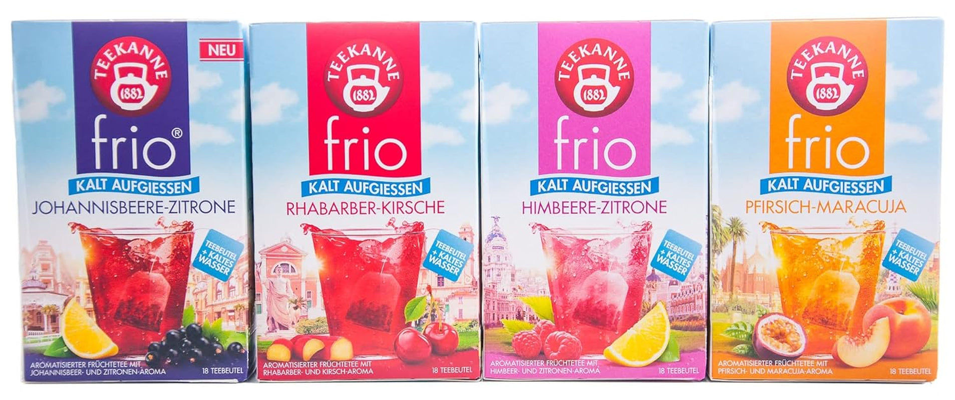 Teekanne Frio Pack de 4, ruibarbo-cereza, grosella-limón, frambuesa-limón, melocotón-maracuyá (4 x 45 g)