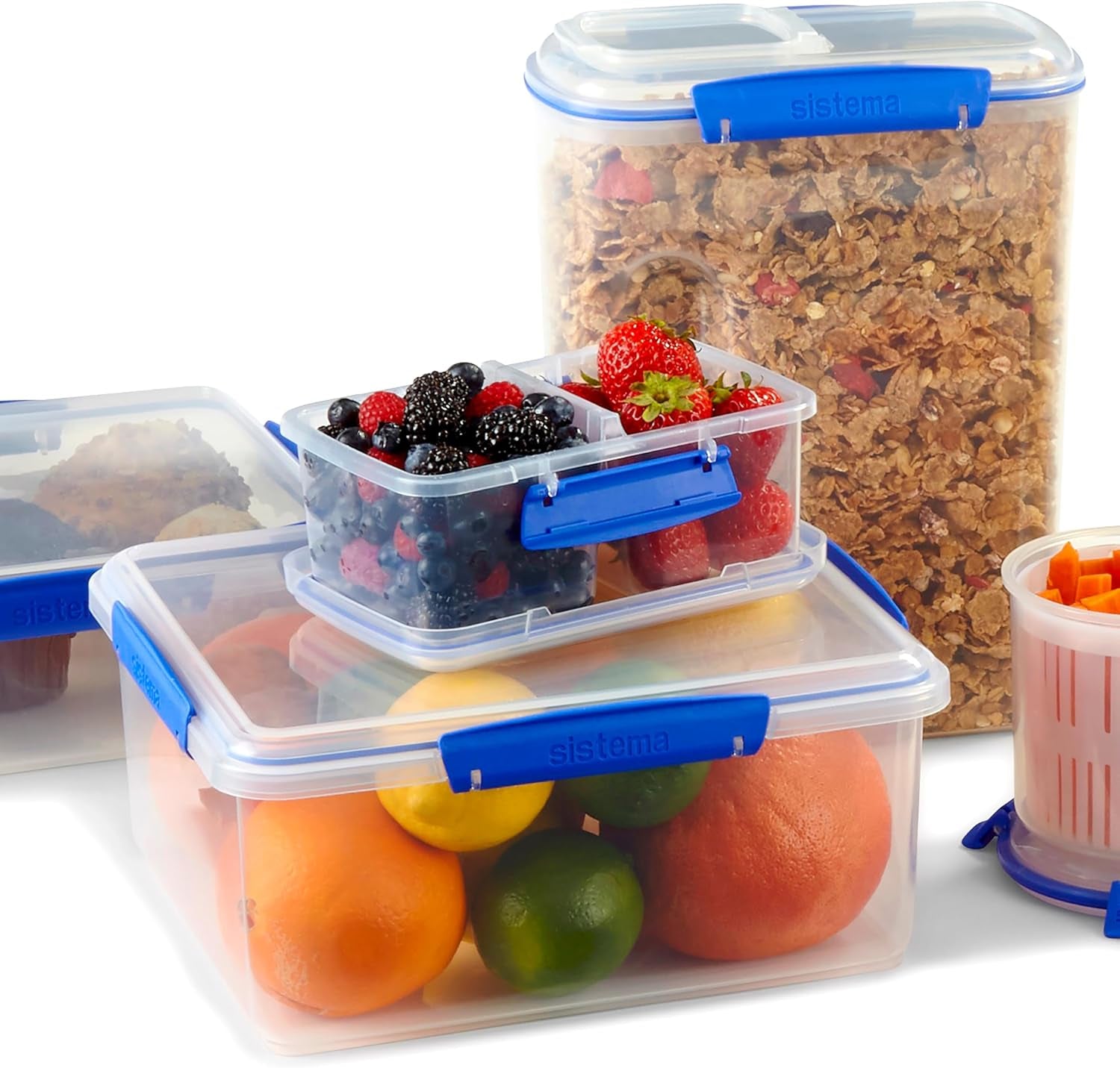 Tarro para almacenamiento de alimentos KLIP IT System | 9,67 litros | tarro de almacenamiento apilable y hermético con tapa, apto para frigorífico/congelador | Plástico sin BPA | clips azules | 1 pieza (paquete de 4) cajas de almacenamiento de alimentos Naty Shop