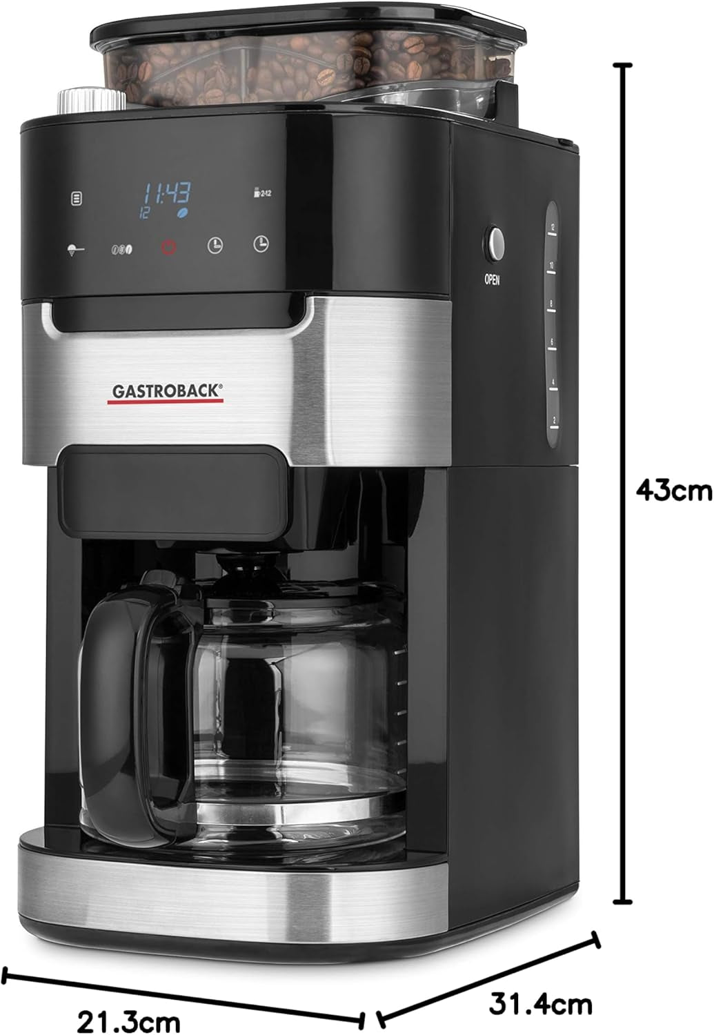 GASTROBACK 42711 Grind & Brew Pro Coffee Espresso Machine, Máquina de café espresso con filtro y molinillo integrados, Molinillo cónico con 8 ajustes de molienda, Pantalla táctil LCD, Plástico