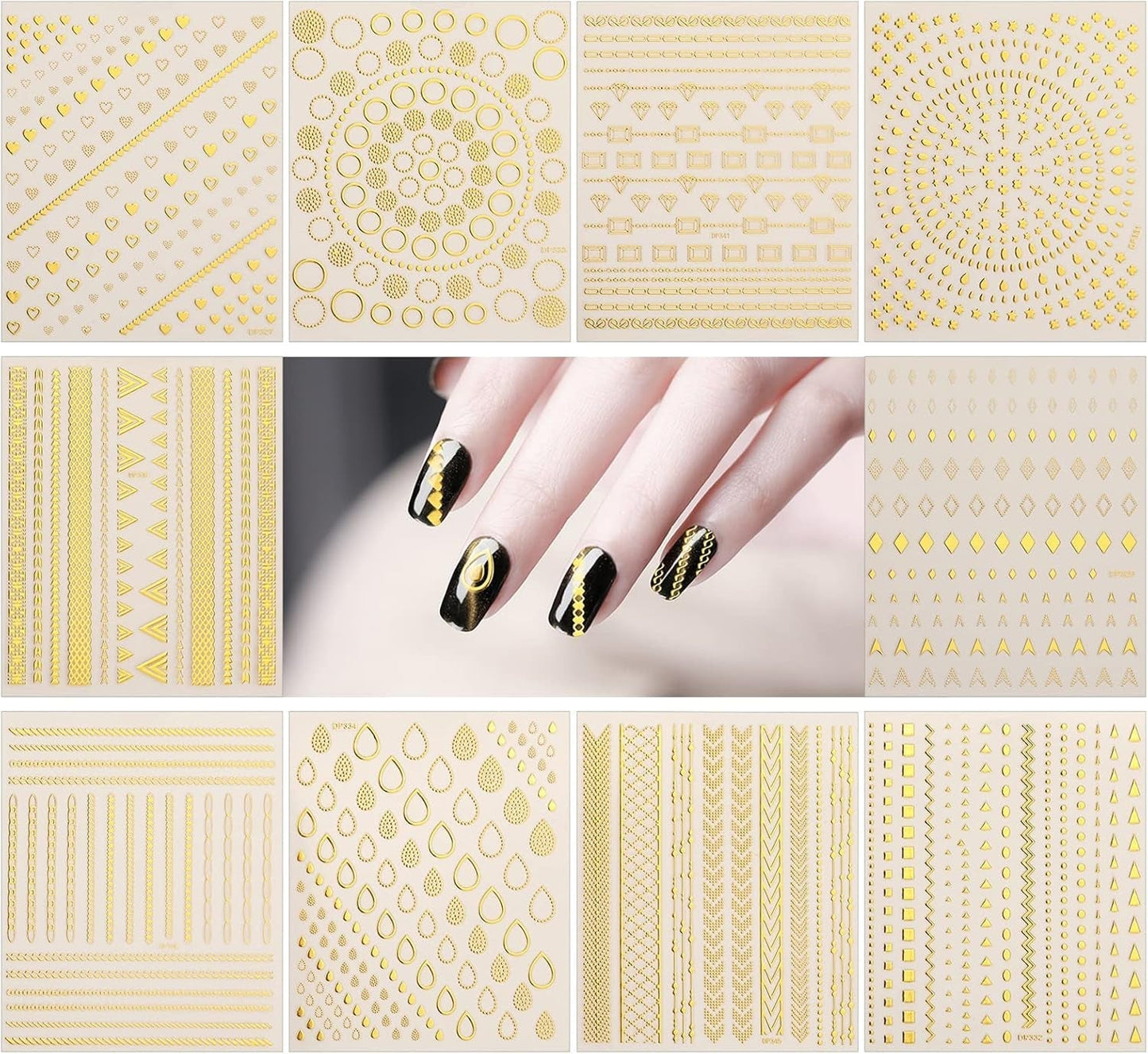 MWOOT 10 Hojas De Pegatinas De Uñas Doradas, Pegatinas De Arte De Uñas Abziehbilder, Juego De Pegatinas De Uñas Autoadhesivas 3D, Diseño De Bandas De Líneas, Diy Metallisch Nailart Aufkleber Maniküre Zubehör Für Nagel Dekoration