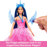 Barbie Hidden Magic - Muñeca Unicornio, Vestido Rosa con Detalles Azul Zafiro, Diadema de Unicornio, Alas y Cola de Zafiro Desmontables, Edades de 3 años en adelante, HRR16