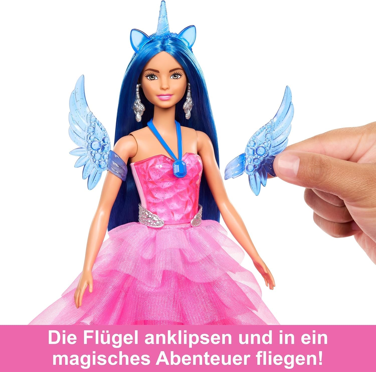 Barbie Hidden Magic - Muñeca Unicornio, Vestido Rosa con Detalles Azul Zafiro, Diadema de Unicornio, Alas y Cola de Zafiro Desmontables, Edades de 3 años en adelante, HRR16