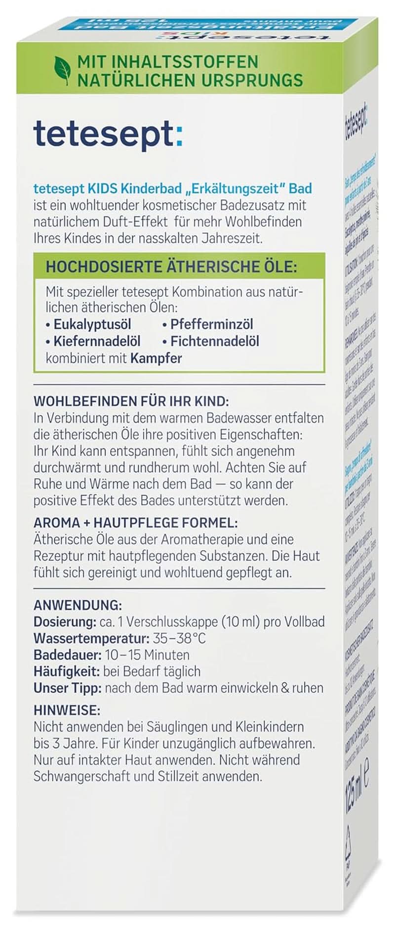 Tetesept Kids Cold Time Bath - Aditivo de baño infantil para la estación fría con 4 aceites esenciales, relajación y calentamiento, 125 ml Naty Shop
