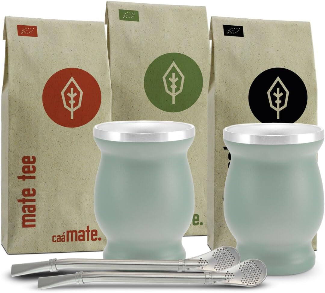 Juego de Té Mate Bio ● 3 Surtidos de Mate + 2 Mates de Acero Inoxidable de Doble Pared + 2 Bombillas + Instrucciones de Preparación (Negro)