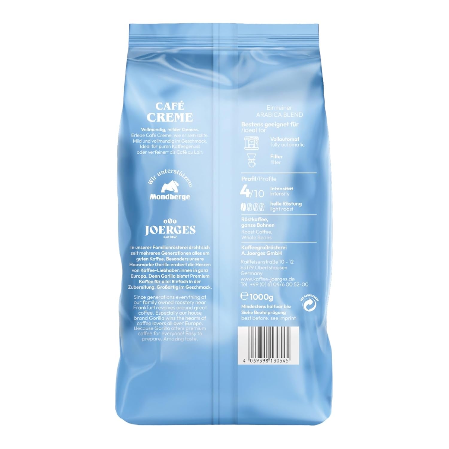 Crema Gorilla Café 6x 1000g | 100% Arábica-Bohnen tradicional | Ideal Volllautomaten Crema armonisches Aroma | geriger Koffeingehalt helle Röstung | Paquete de embalaje