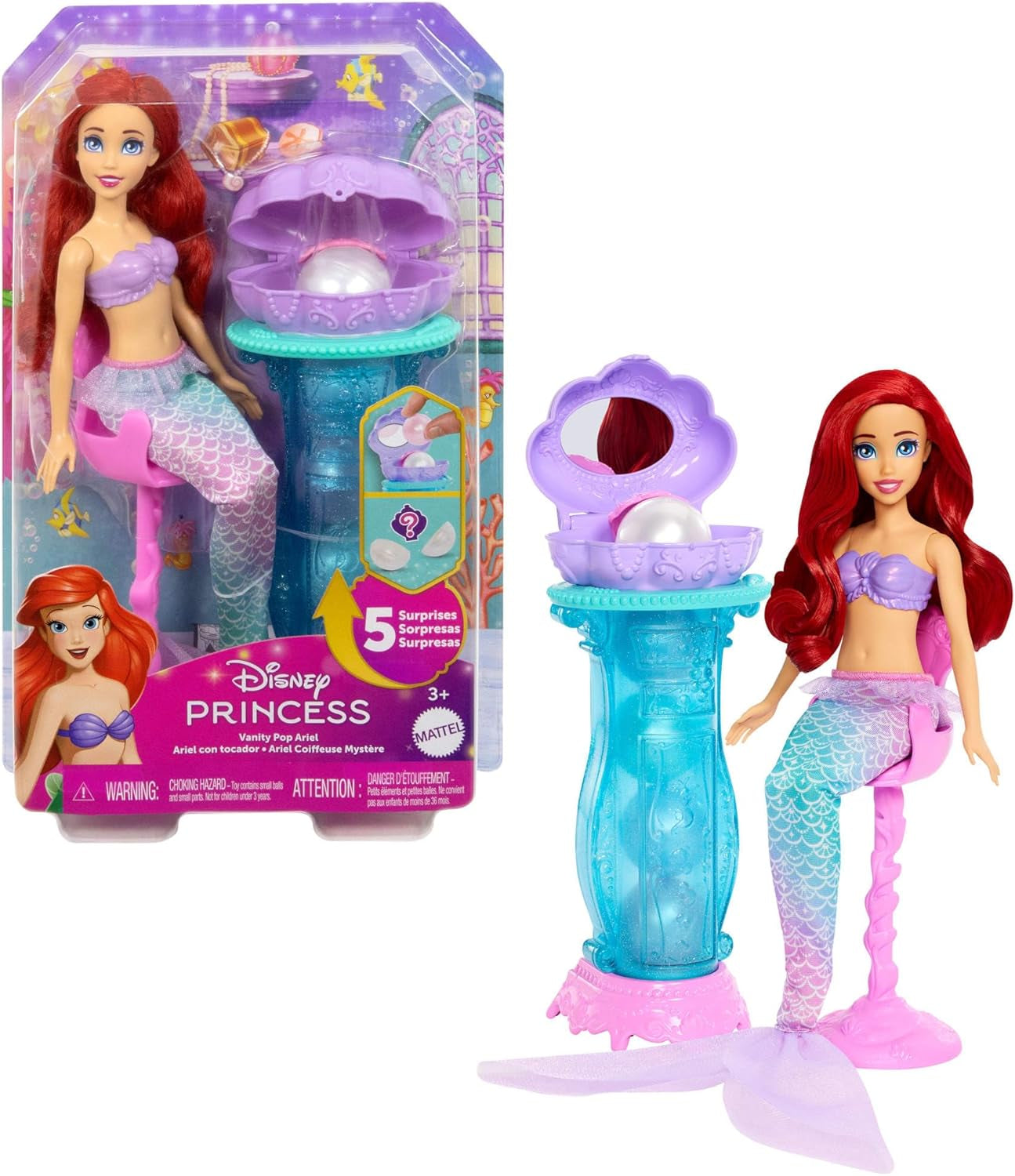 Mattel Disney Princess Toys, muñeca de moda Ariel sirena con aleta de cola desmontable, tocador con 5 sorpresas emergentes repetibles y 5 accesorios, JBF86